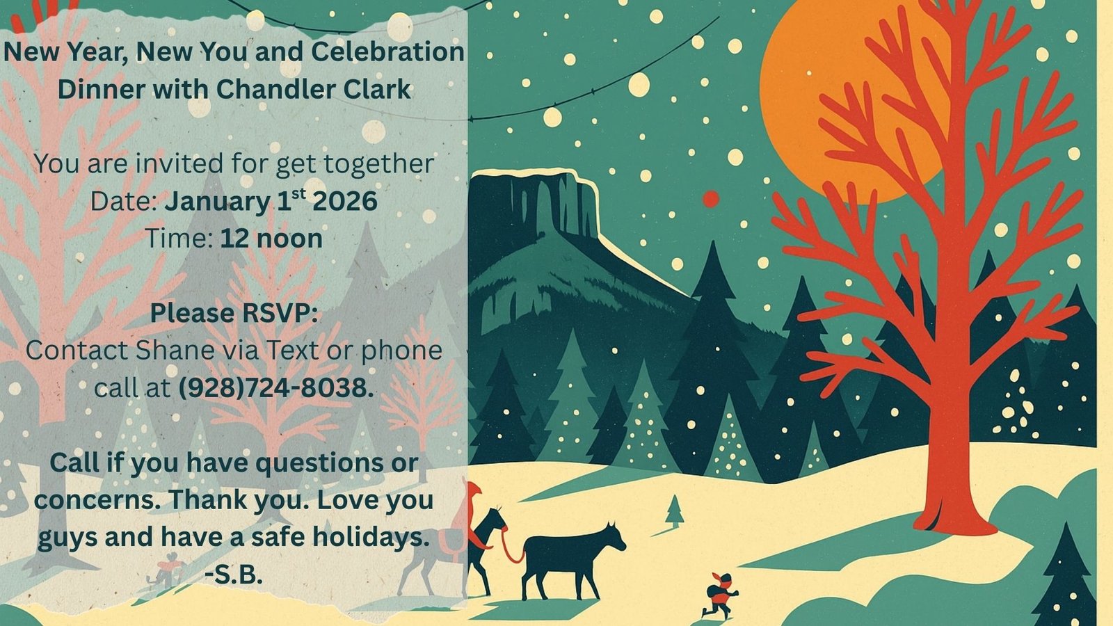 Home new year, new you dinner you are invited for get together date january 1st 2026 time 12